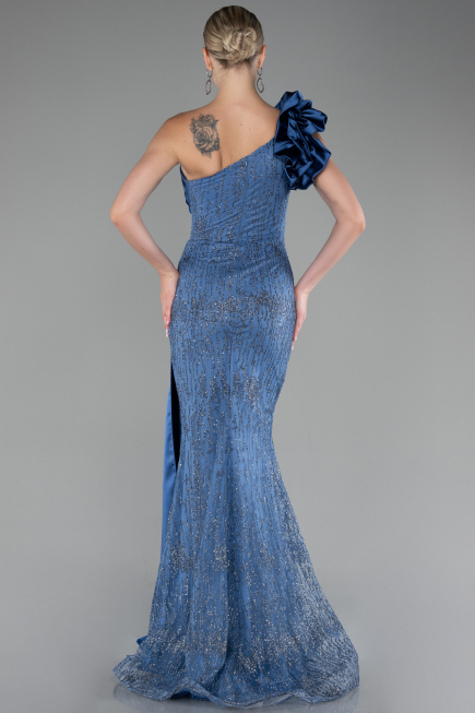 Indigo One Shoulder Glitter Long Evening Gown ABU4059