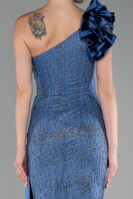Indigo One Shoulder Glitter Long Evening Gown ABU4059