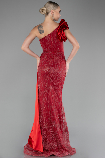 Red One Shoulder Glitter Long Evening Gown ABU4059