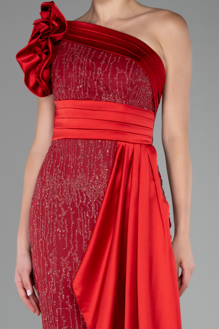 Red One Shoulder Glitter Long Evening Gown ABU4059