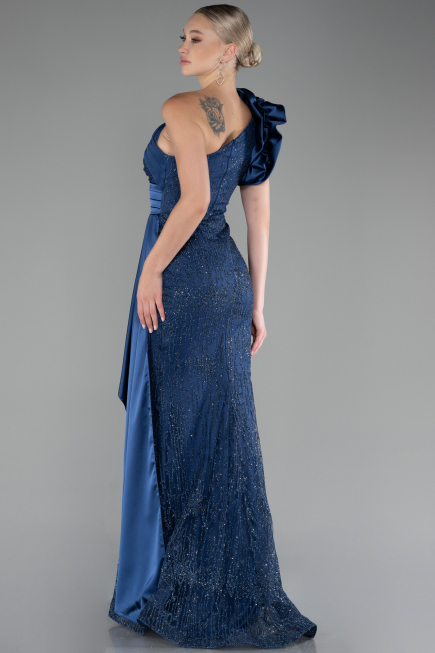Navy Blue One Shoulder Glitter Long Evening Gown ABU4059