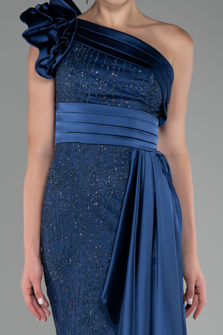 Navy Blue One Shoulder Glitter Long Evening Gown ABU4059