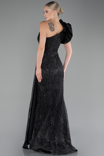 Black One Shoulder Glitter Long Evening Gown ABU4059