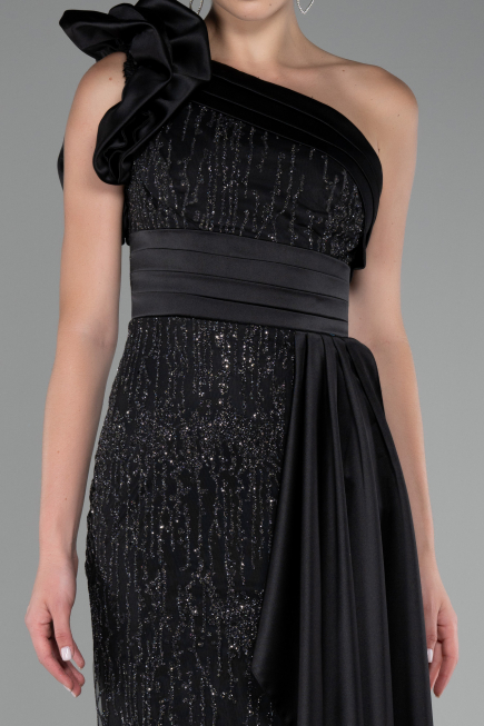 Black One Shoulder Glitter Long Evening Gown ABU4059