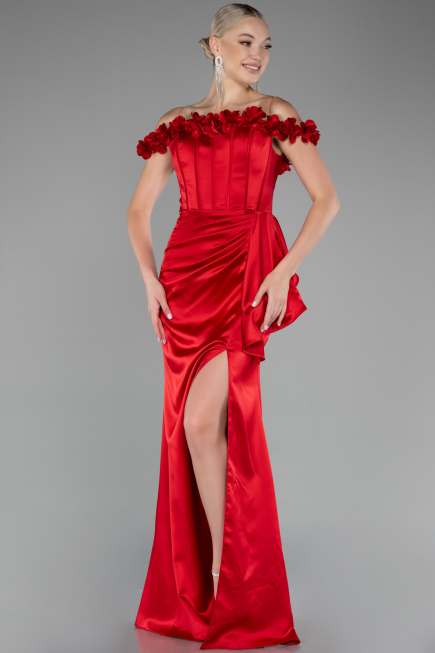 Red Slit Boat Neck Long Satin Evening Dress ABU4055