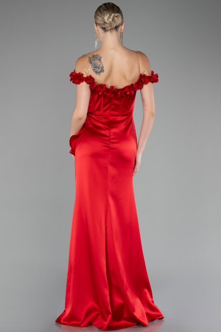 Red Slit Boat Neck Long Satin Evening Dress ABU4055