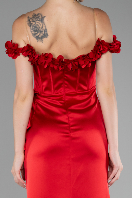 Red Slit Boat Neck Long Satin Evening Dress ABU4055