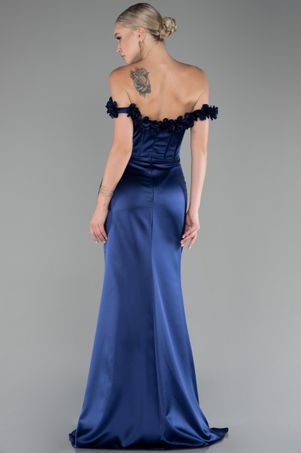 Navy Blue Slit Boat Neck Long Satin Evening Dress ABU4055