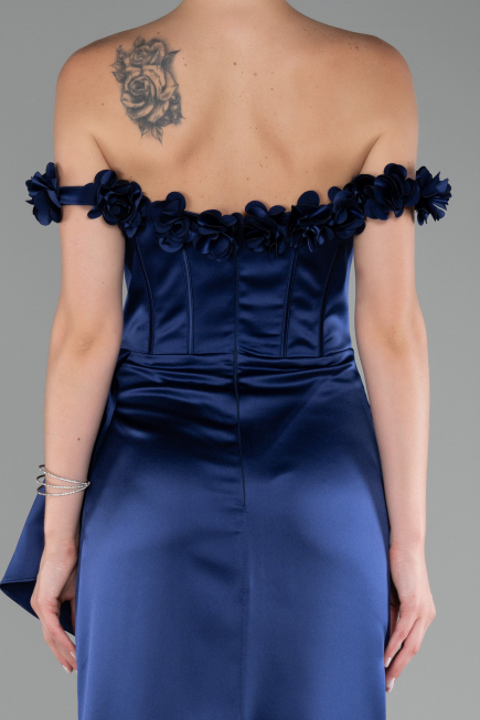 Navy Blue Slit Boat Neck Long Satin Evening Dress ABU4055