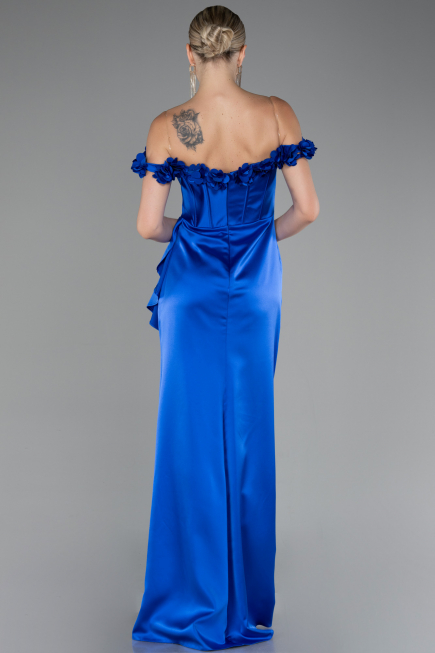 Sax Blue Slit Boat Neck Long Satin Evening Dress ABU4055
