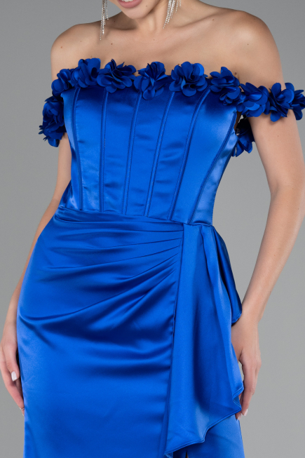 Sax Blue Slit Boat Neck Long Satin Evening Dress ABU4055