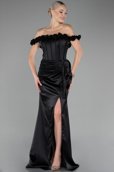 Black Slit Boat Neck Long Satin Evening Dress ABU4055