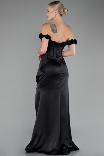 Black Slit Boat Neck Long Satin Evening Dress ABU4055