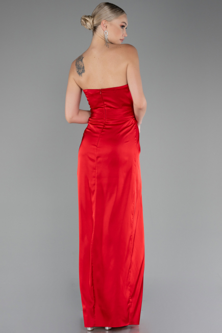 Red Strapless Slit Long Satin Prom Gown ABU4071