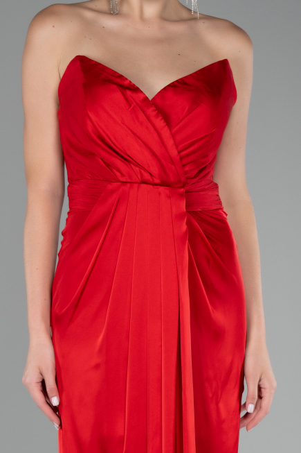 Red Strapless Slit Long Satin Prom Gown ABU4071