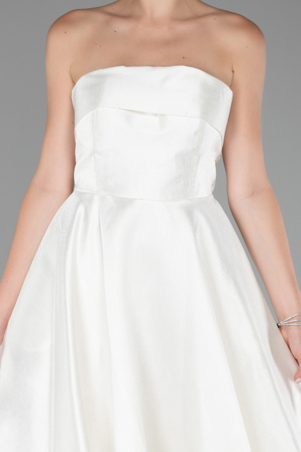White Boat Neck Midi Taffeta Prom Dress ABU4049