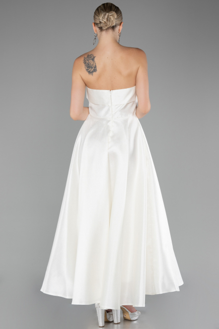 White Boat Neck Midi Taffeta Prom Dress ABU4049