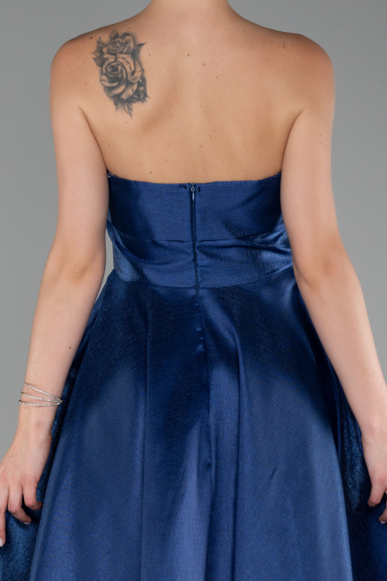 Navy Blue Boat Neck Midi Taffeta Prom Dress ABU4049