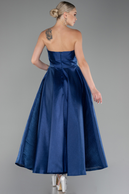 Navy Blue Boat Neck Midi Taffeta Prom Dress ABU4049