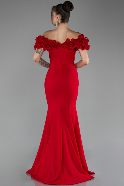 Red Boat Neck Slit Long Evening Dress ABU4080