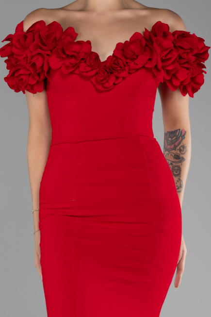 Red Boat Neck Slit Long Evening Dress ABU4080