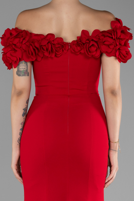 Red Boat Neck Slit Long Evening Dress ABU4080