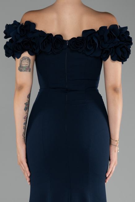 Navy Blue Boat Neck Slit Long Evening Dress ABU4080