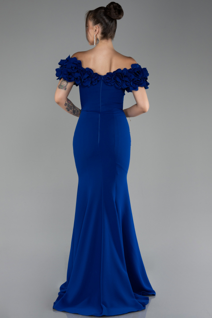 Sax Blue Boat Neck Slit Long Evening Dress ABU4080