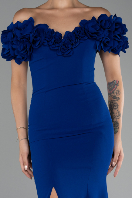 Sax Blue Boat Neck Slit Long Evening Dress ABU4080