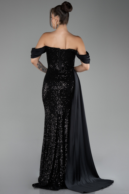Black Boat Neck Slit Long Sequined Evening Gown ABU4085