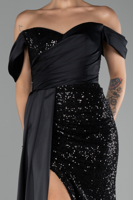 Black Boat Neck Slit Long Sequined Evening Gown ABU4085