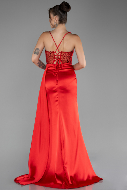 Red Underwire On Top Slit Long Satin Eevning Gown ABU4090