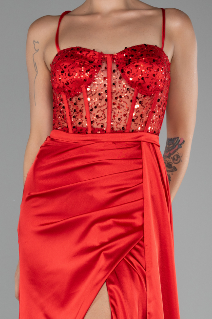 Red Underwire On Top Slit Long Satin Eevning Gown ABU4090