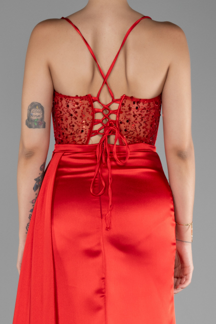 Red Underwire On Top Slit Long Satin Eevning Gown ABU4090