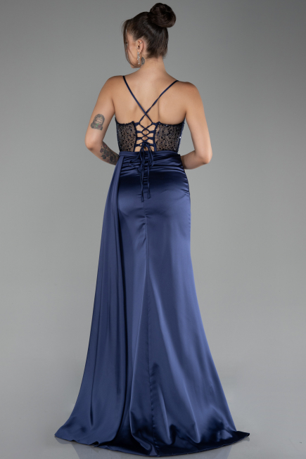 Navy Blue Underwire On Top Slit Long Satin Eevning Gown ABU4090