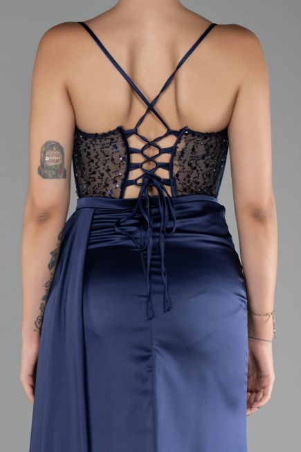 Navy Blue Underwire On Top Slit Long Satin Eevning Gown ABU4090