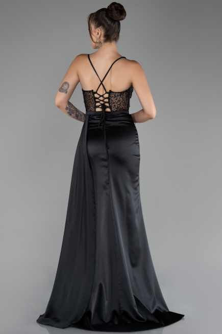 Black Underwire On Top Slit Long Satin Eevning Gown ABU4090