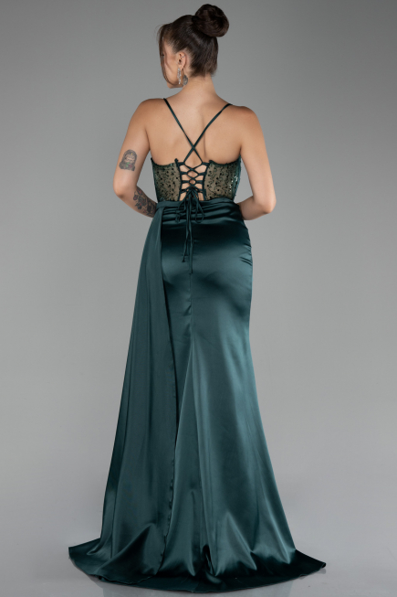 Emerald Green Underwire On Top Slit Long Satin Eevning Gown ABU4090