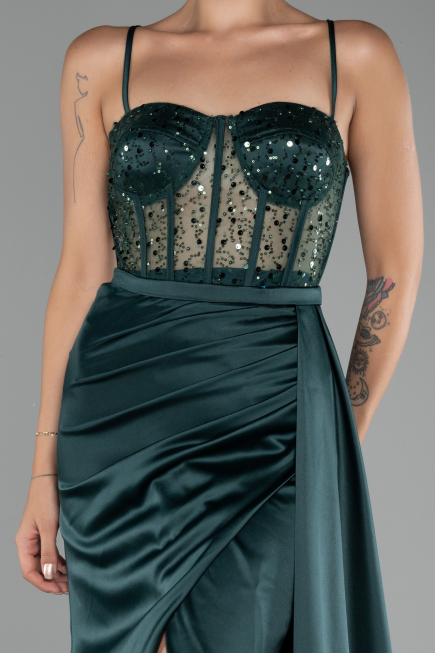Emerald Green Underwire On Top Slit Long Satin Eevning Gown ABU4090