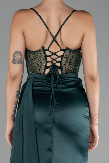 Emerald Green Underwire On Top Slit Long Satin Eevning Gown ABU4090