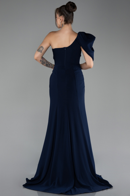 Navy Blue One Shoulder Slit Long Chiffon Prom Dress ABU4091