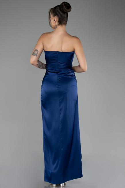 Navy Blue Strapless Slit Long Satin Prom Gown ABU4071