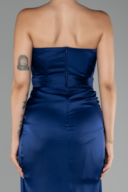 Navy Blue Strapless Slit Long Satin Prom Gown ABU4071