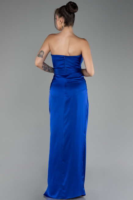 Sax Blue Strapless Slit Long Satin Prom Gown ABU4071