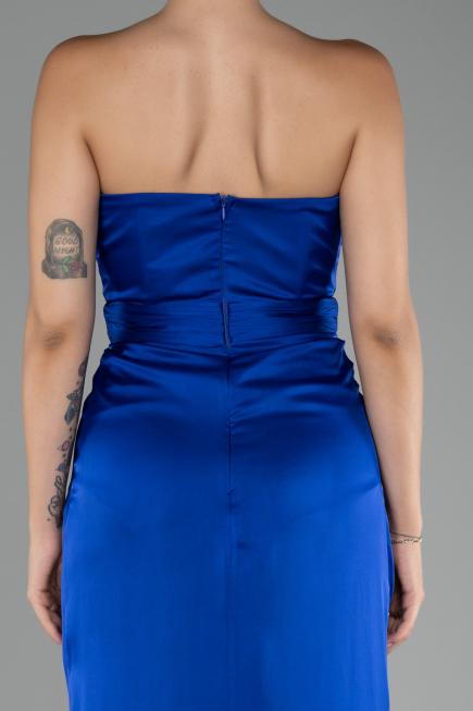 Sax Blue Strapless Slit Long Satin Prom Gown ABU4071