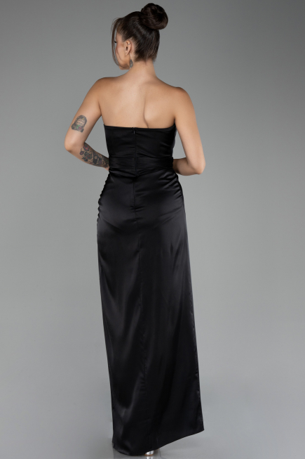 Black Strapless Slit Long Satin Prom Gown ABU4071