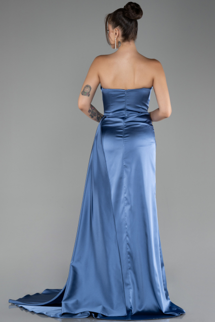 Indigo Strapless Slit Long Satin Prom Gown ABU4093