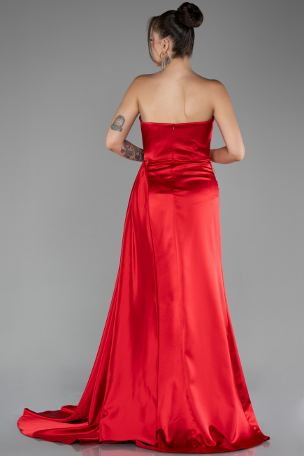 Red Strapless Slit Long Satin Prom Gown ABU4093