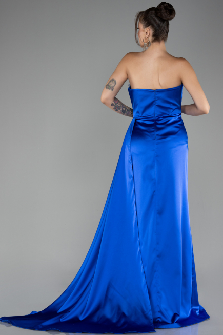 Sax Blue Strapless Slit Long Satin Prom Gown ABU4093