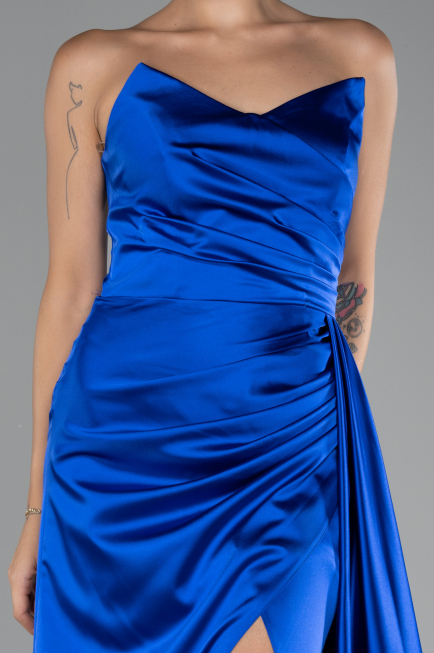 Sax Blue Strapless Slit Long Satin Prom Gown ABU4093
